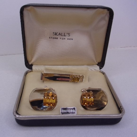 Vintage Boxed Cuff Links Tie Clasp Set Yellow Stones - Picture 2 of 9